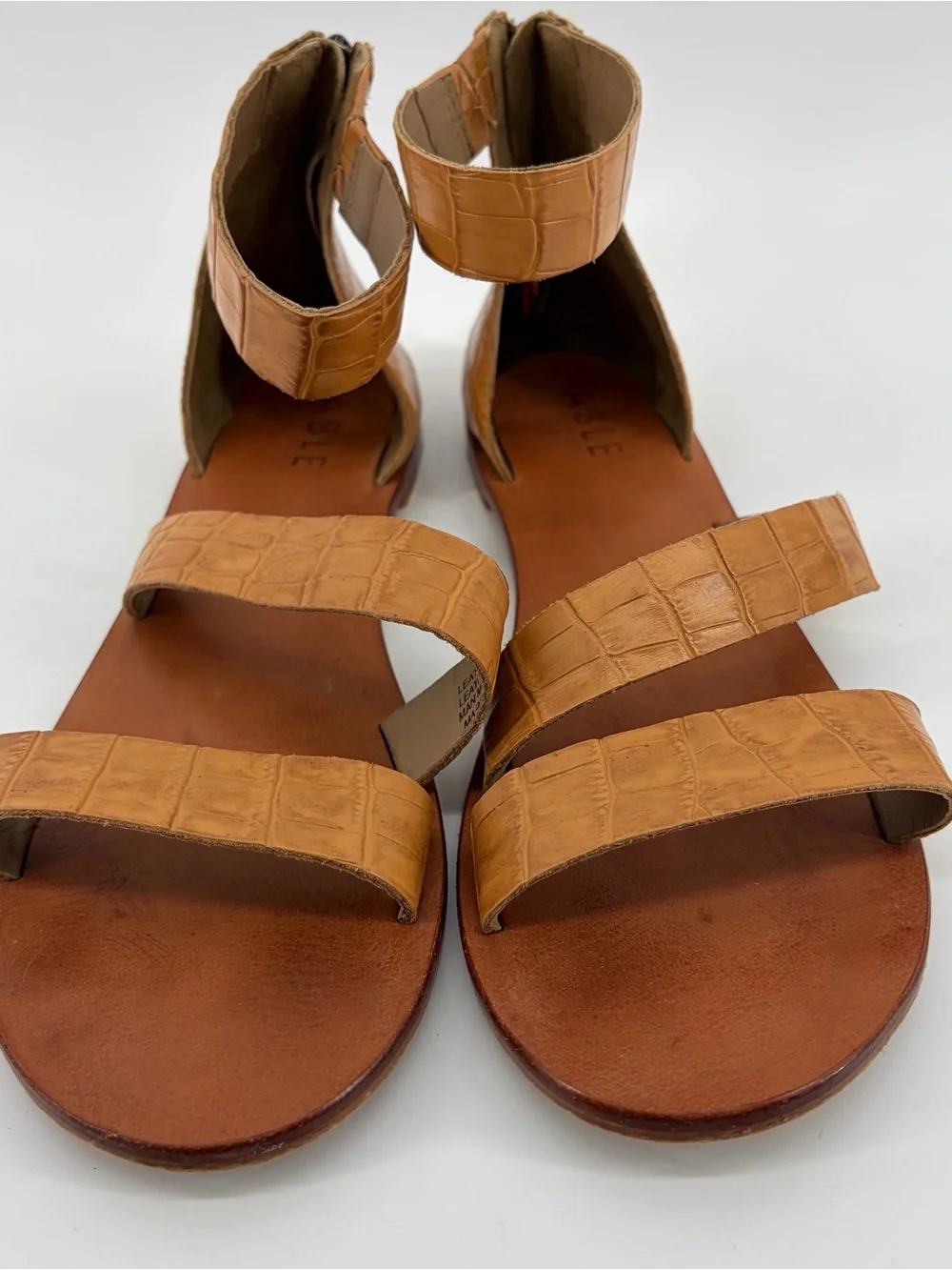 Able Crocodile Embossed Strappy Leather Zip Sandals Tan Women Size 10